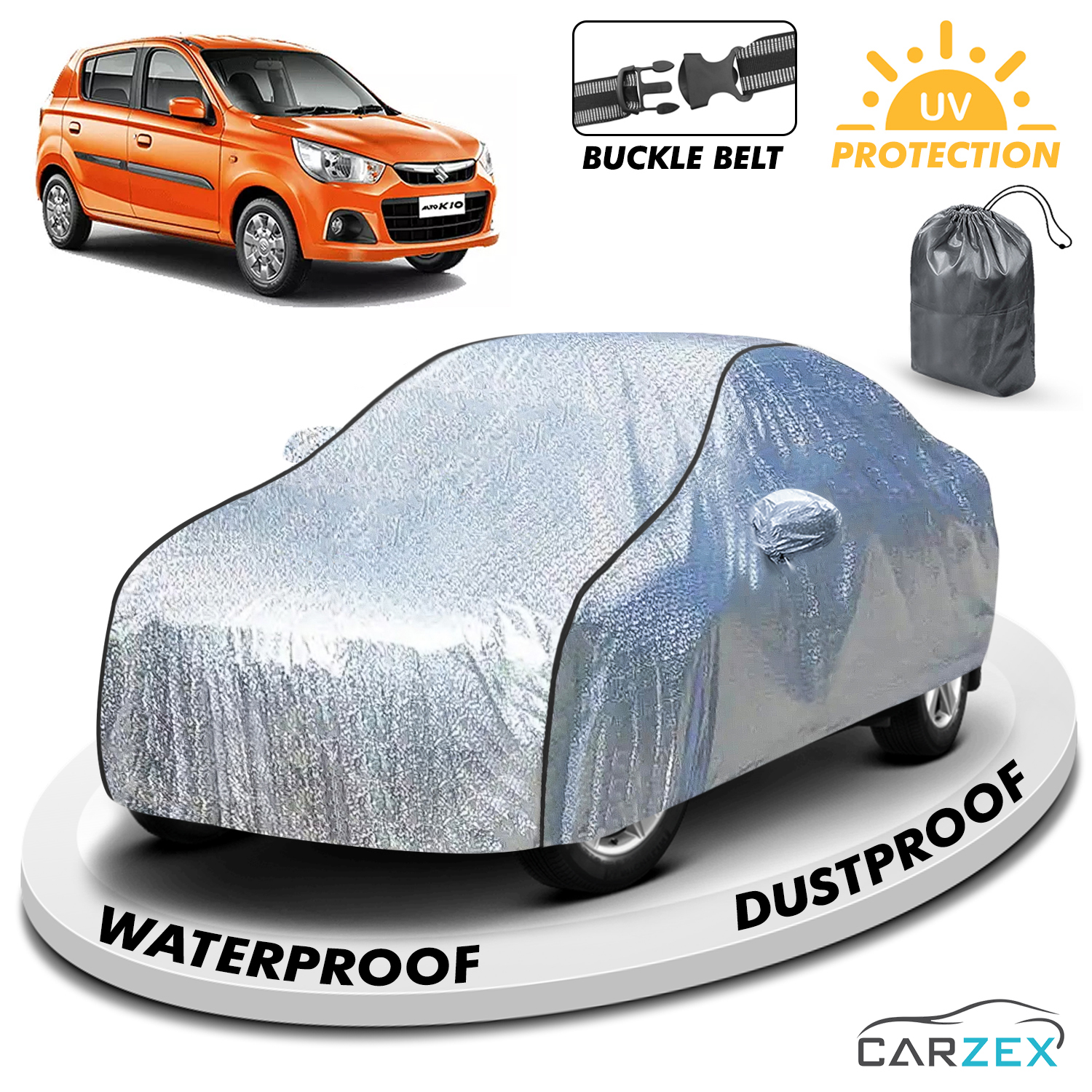 Carzex Waterproof & Heat Resistant Metallic Silver With Black Border Car Body Cover with Mirror Pockets For Maruti Suzuki Alto K10
